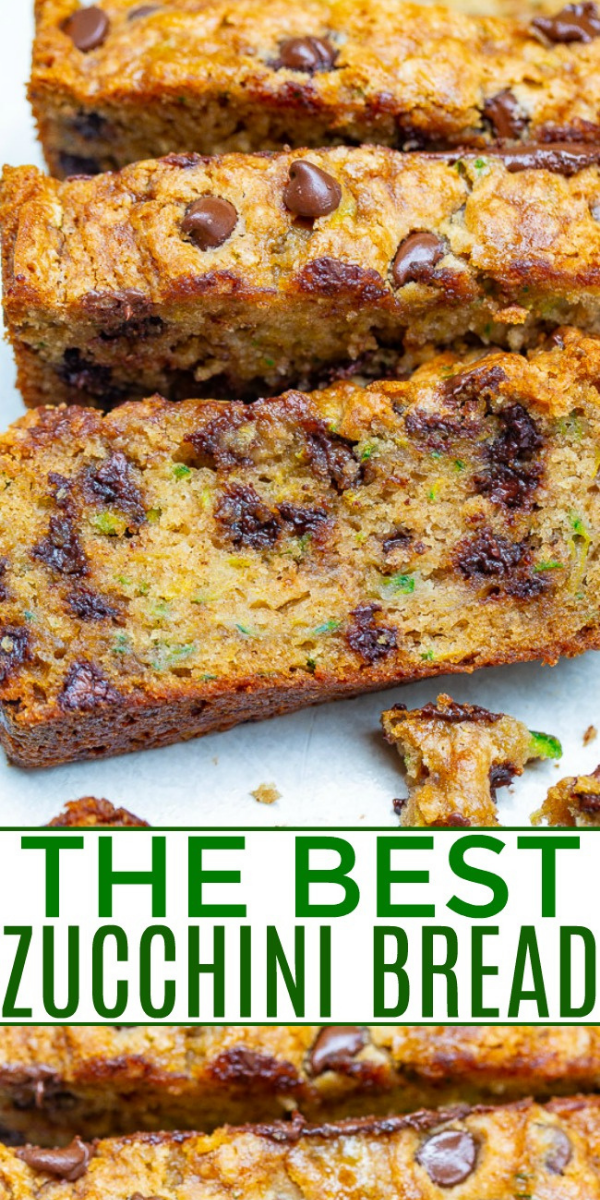 The Best Zucchini Bread — Super moist, tender, loaded with chocolate chips, and so EASY to make!! One bowl, no mixer, and THE BEST zucchini bread you’ll ever try!!