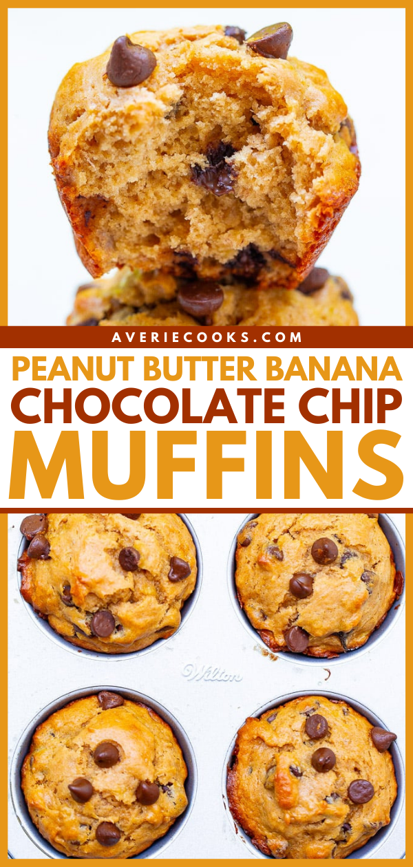 Peanut Butter Banana Muffins — Loaded with rich peanut butter and banana flavor and studded with chocolate in every bite!! This FAST and EASY muffin recipe is one bowl, no mixer, and perfect for those ripe bananas you have!!