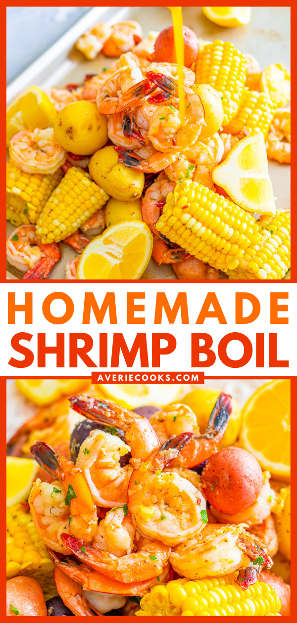 Shrimp Boil — Juicy and succulent large shrimp along with corn and potatoes, all drenched in the most heavenly horseradish butter!! There's the option to make your own homemade and ultra flavorful stock for the boil, or use store-bought stock as a shortcut! Either way, this is a finger lickin' amazing meal!!