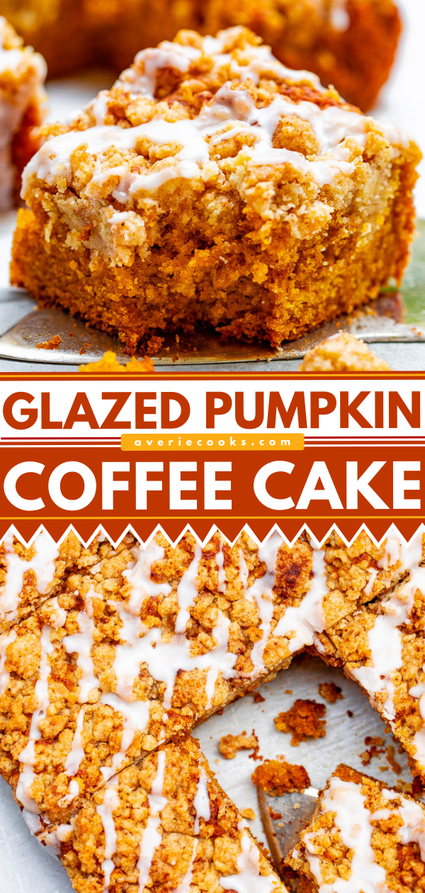 Glazed Pumpkin Coffee Cake — A FAST and EASY no-mixer pumpkin coffee cake with rich pumpkin flavor and topped with big buttery crumbles!! So soft, moist, and tender! You're going to LOVE this cake for breakfast, brunch, or entertaining!!