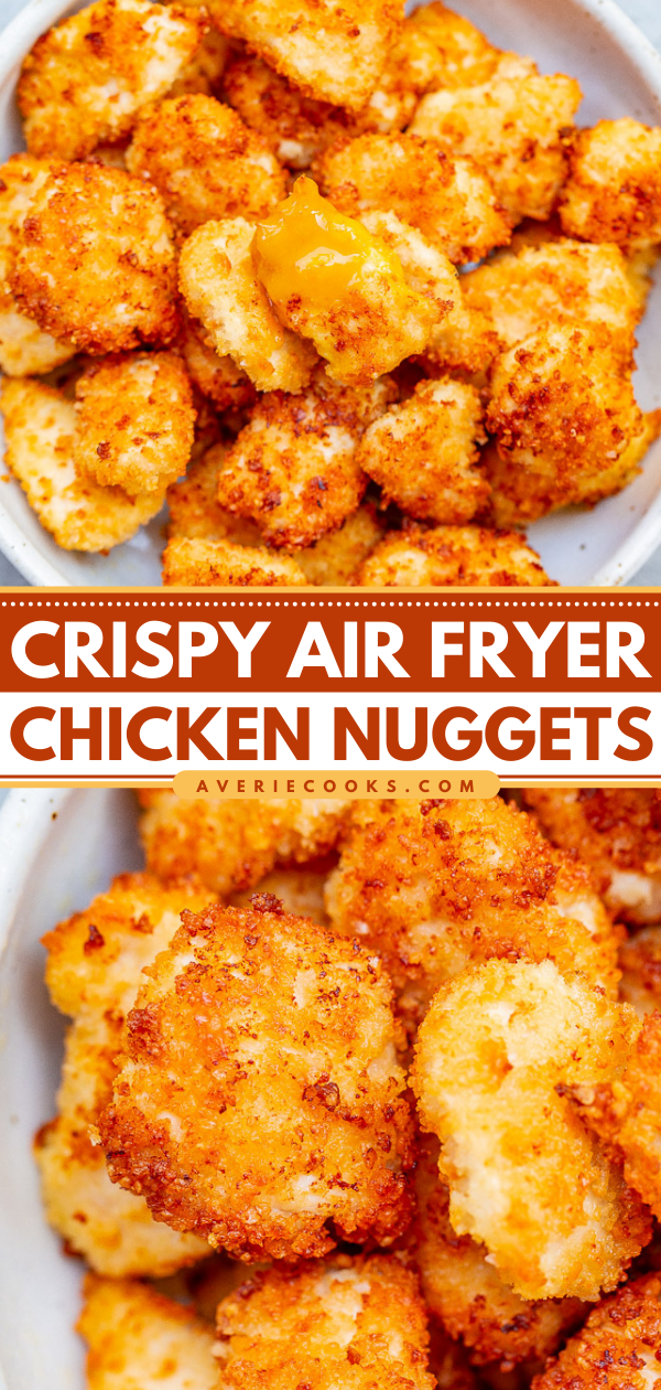 Crispy Air Fryer Chicken Nuggets — These EASY air fryer nuggets are coated in a mixture of Panko breadcrumbs and grated Parmesan, which makes them EXTRA flavorful and SO CRISPY!! Dip them in this 30-second homemade honey mustard sauce for a guaranteed family FAVORITE!!