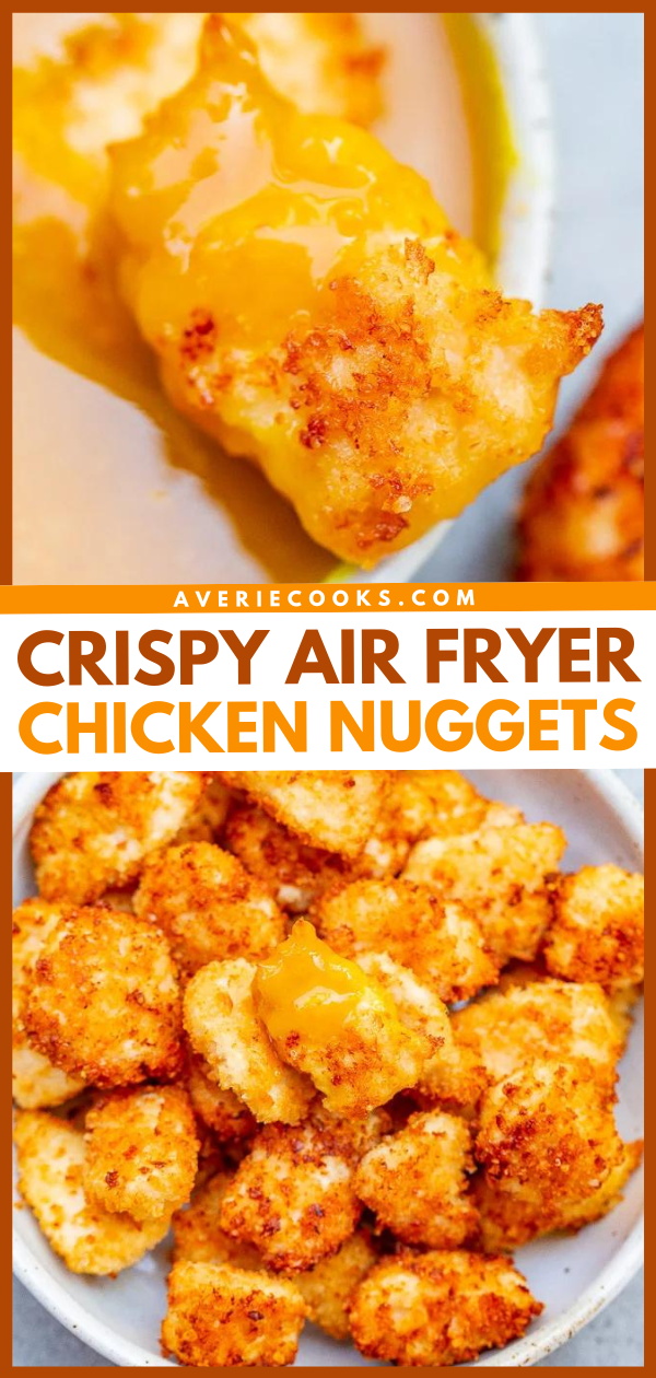 Crispy Air Fryer Chicken Nuggets — These EASY air fryer nuggets are coated in a mixture of Panko breadcrumbs and grated Parmesan, which makes them EXTRA flavorful and SO CRISPY!! Dip them in this 30-second homemade honey mustard sauce for a guaranteed family FAVORITE!!