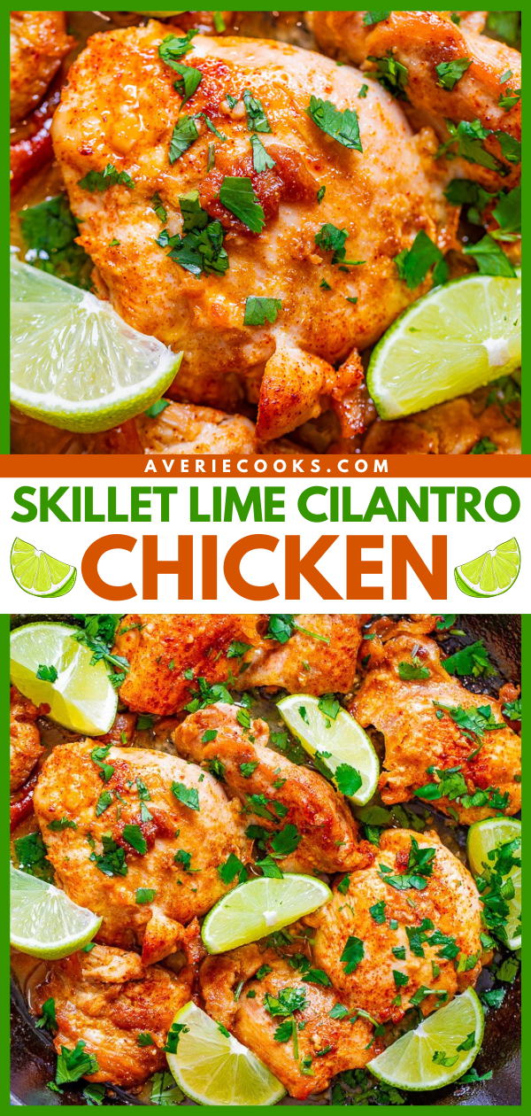 Baked Cilantro Lime Chicken Thighs — EASY, juicy, tender chicken thighs with plenty of tangy lime and fresh cilantro!! Ready in 30 minutes, starts on the stove, and finishes in the oven! Just a handful of ingredients used and PERFECT for busy weeknights!! 