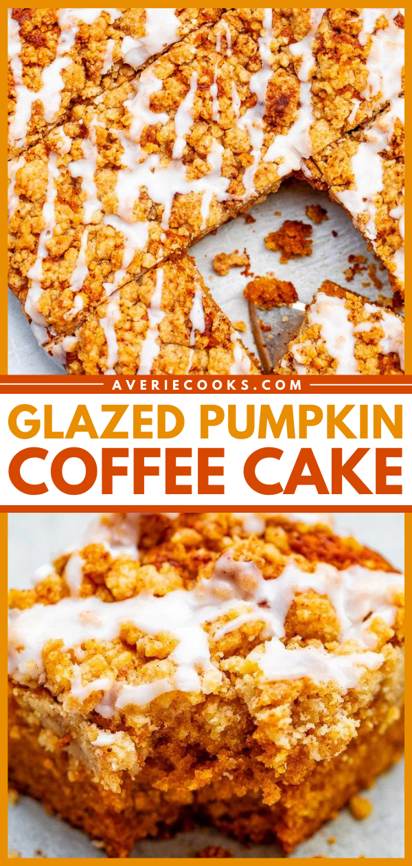 Glazed Pumpkin Streusel Coffee Cake — A FAST and EASY no-mixer pumpkin coffee cake with rich pumpkin flavor and topped with big buttery crumbles!! So soft, moist, and tender! You're going to LOVE this cake for breakfast, brunch, or entertaining!!