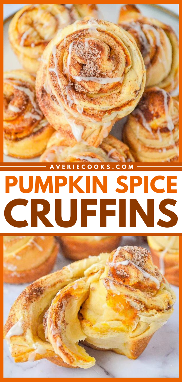 Pumpkin Spice Cruffins — What you get when you marry a croissant with pumpkin spice and bake it in a muffin pan!! The EASIEST recipe that uses just a handful of convenience ingredients, ready in 20 minutes, and perfect for pumpkin season!!