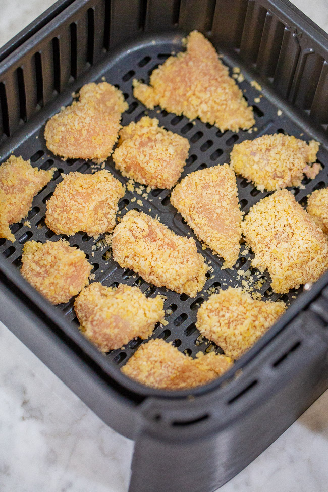 Air Fryer Crispy Chicken Nuggets – These EASY air fryer nuggets are coated in a mixture of Panko breadcrumbs and grated Parmesan, which makes them EXTRA flavorful and SO CRISPY!! Dip them in this 30-second homemade honey mustard sauce for a guaranteed family FAVORITE!