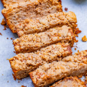 Apple Crumble Pie Bread loaf sliced into pieces.