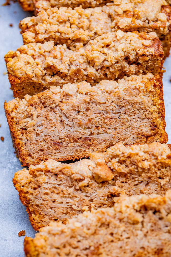 Apple Pie Bread with Streusel Topping — If you like apple crumble pie, you're going to love this EASY no-mixer apple pie bread!! Soft, tender, moist bread with the contrast of the slightly crunchy crumble topping is PERFECT! Great for breakfast, brunch, snacks, or dessert!!