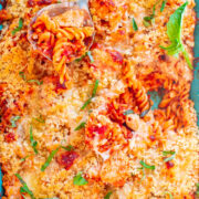 Chicken Parmesan Pasta Casserole in a casserole dish.
