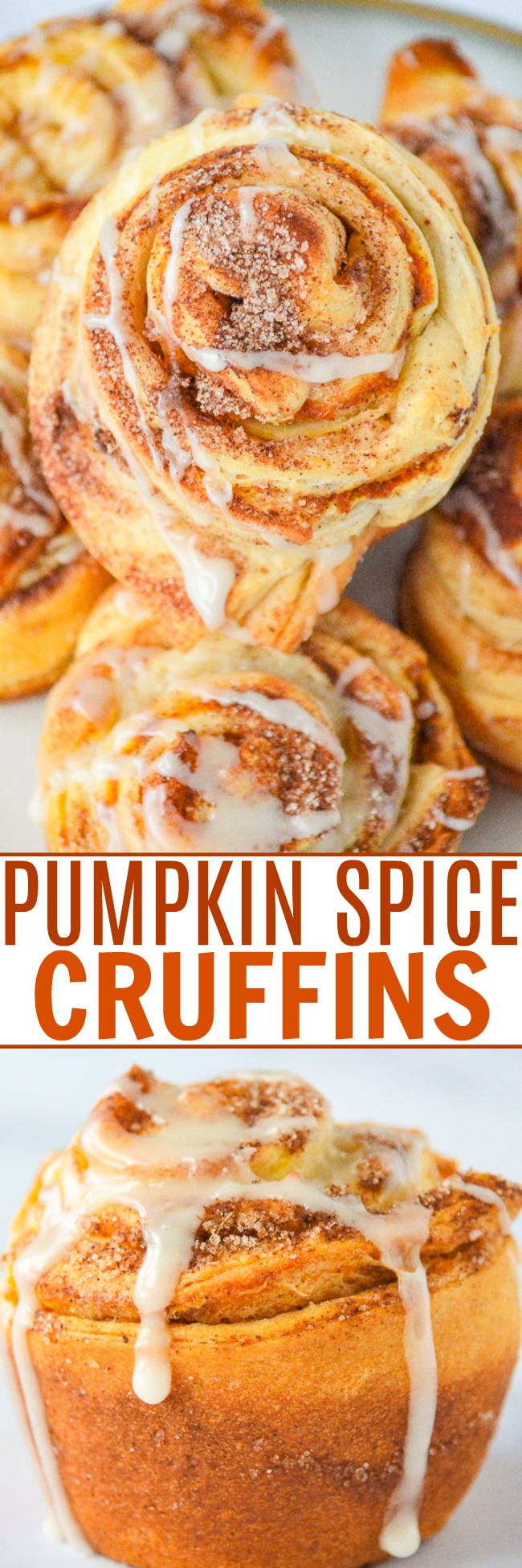 Pumpkin Spice Cruffins - What you get when you marry a croissant with pumpkin spice and bake it in a muffin pan!! The EASIEST recipe that uses just a handful of convenience ingredients, ready in 20 minutes, and perfect for pumpkin season!!