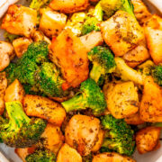 A bowl of salt and vinegar chicken and broccoli.