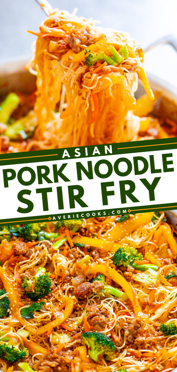 Asian Pork Noodles — An EASY comfort food stir fry that's ready in 20 minutes with so many textures and flavors in every bite!! Juicy pork, tender noodles, crisp-tender veggies in a bath of sesame oil, soy sauce, ginger, and chili garlic sauce if you want to turn up the heat!! 