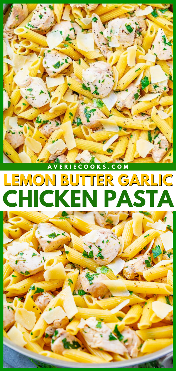 Lemon Butter Garlic Chicken Pasta — Buttery pasta with juicy chicken, flavored with lemon butter and garlic, and finished with Parmesan cheese!! A family-friendly dinner recipe that’s ready in 20 minutes and it’s so EASY!!