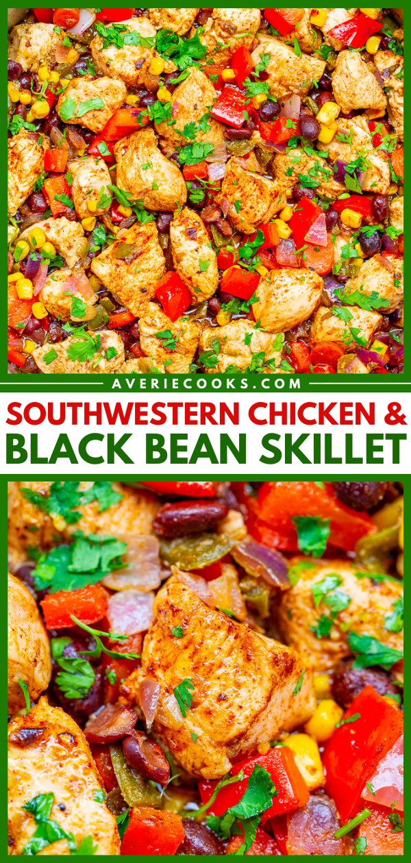 15-Minute Southwest Chicken Skillet — An EASY chicken skillet with red onions, black beans, corn, green chiles, lime juice, and cilantro!! So much flavor and texture in every bite of this HEALTHY naturally gluten-free recipe that's great for planned leftovers and meal prepping!!