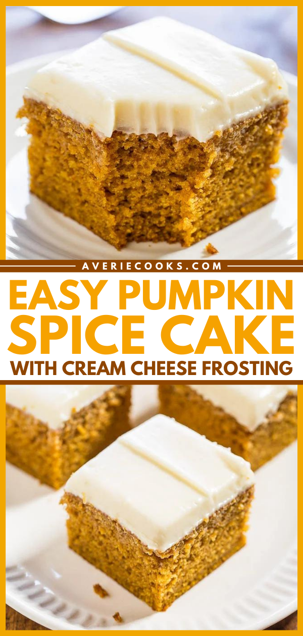 Pumpkin Spice Cake with Cream Cheese Frosting — Moist pumpkin cake is topped with a creamy homemade cream cheese frosting. This easy fall dessert is perfect for Thanksgiving, Halloween, and more!