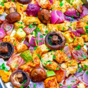 Skinny Sheet Pan Chicken with Mushrooms and Onions - Fast, EASY, HEALTHY, and a FLEXIBLE recipe based on what you have on hand!! A ONE-PAN meal with zero cleanup is the best kind of meal, especially for busy weeknights!!