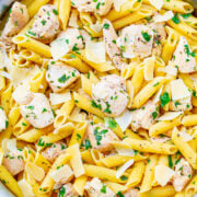 A pot of lemon butter garlic chicken pasta.
