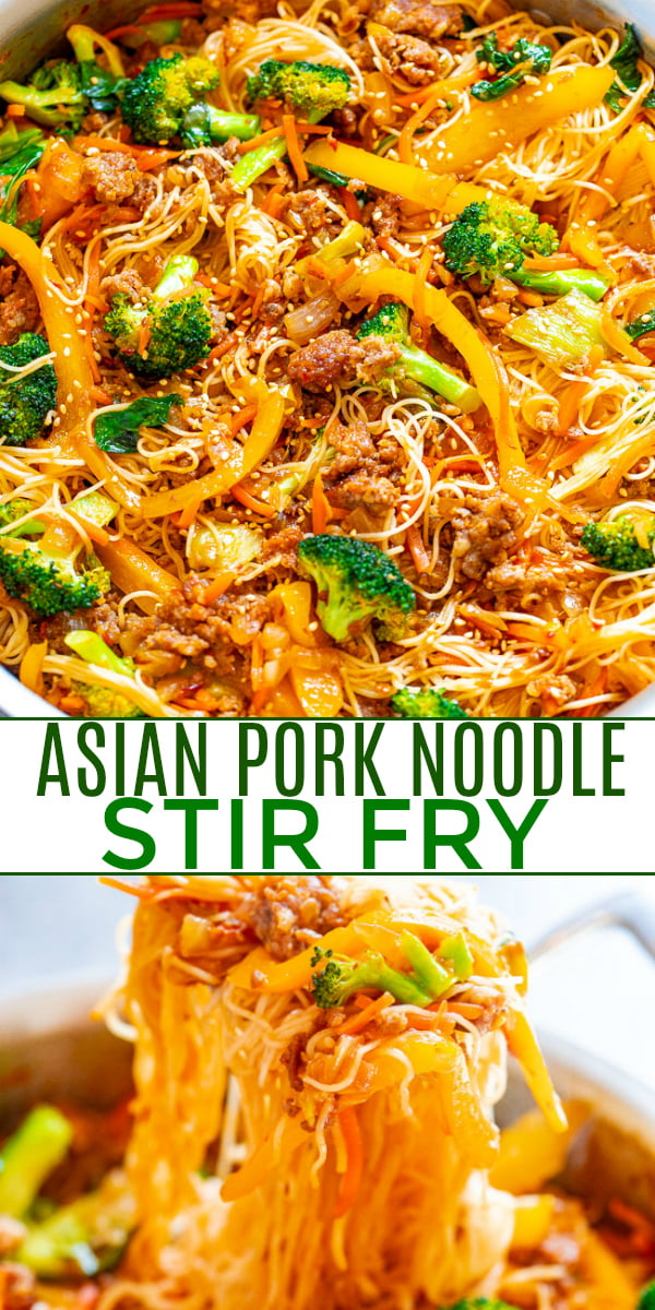 Asian Pork Noodle Stir Fry - An EASY comfort food stir fry that's ready in 20 minutes with so many textures and flavors in every bite!! Juicy pork, tender noodles, crisp-tender veggies in a bath of sesame oil, soy sauce, ginger, and chili garlic sauce if you want to turn up the heat!! 