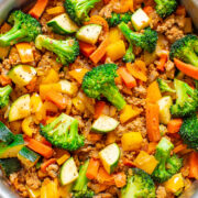 Healthy Turkey and Vegetable Stir Fry with veggies in a pot.