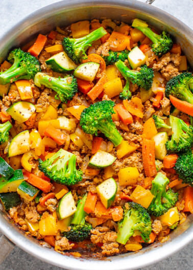 Healthy Turkey and Vegetable Stir Fry – An EASY, flavorful, FLEXIBLE stir fry that takes advantage of lean protein and your favorite veggies that you have in your produce drawer!! Ready in 25 minutes and perfect for meal-prepping!!