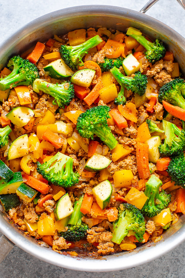 Healthy Turkey and Vegetable Stir Fry – An EASY, flavorful, FLEXIBLE stir fry that takes advantage of lean protein and your favorite veggies that you have in your produce drawer!! Ready in 25 minutes and perfect for meal-prepping!!