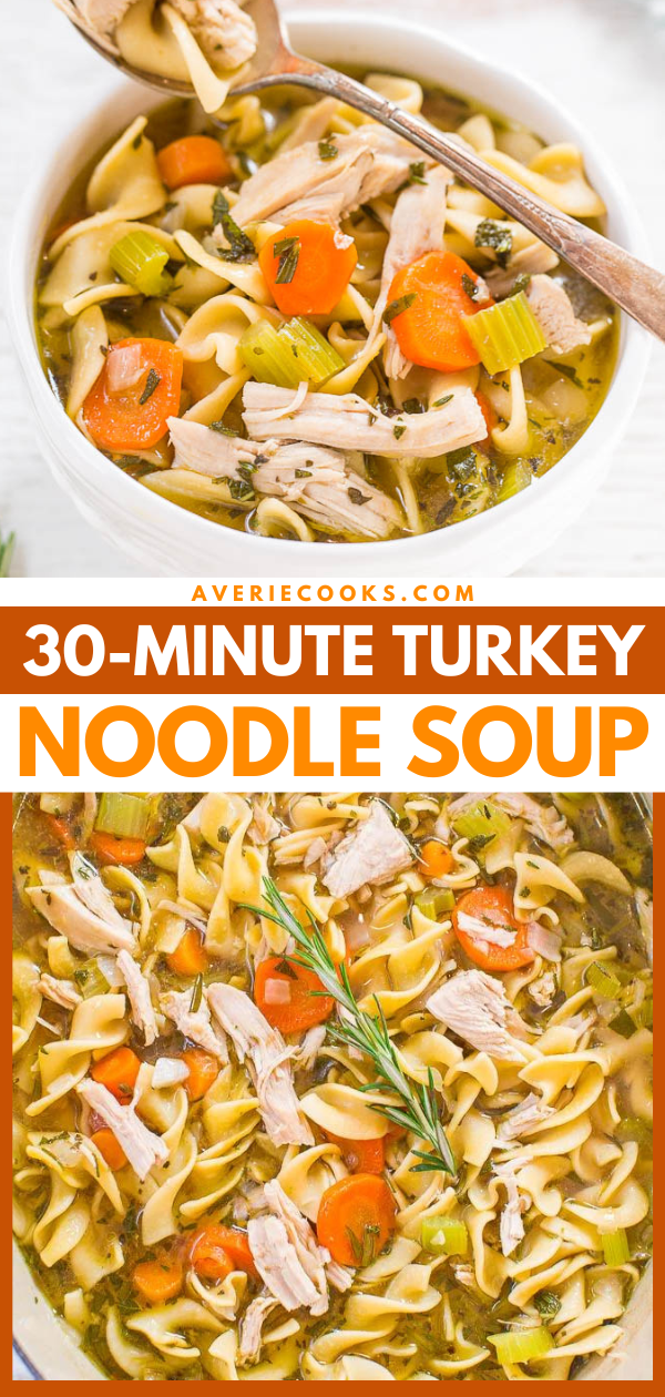 Easy 30-Minute Turkey Noodle Soup —Have leftover Thanksgiving turkey? Make this turkey soup!! It's easy and tastes like grandma's homemade chicken noodle soup, but with turkey!!