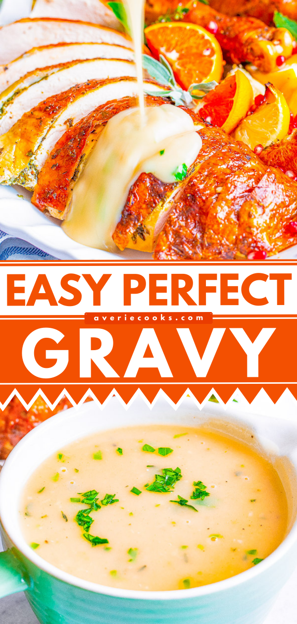 Easy Homemade Gravy — An EASY, foolproof recipe with lots of TIPS for PERFECT gravy that's ready in 5 minutes!! The whole family will LOVE this gravy over their Thanksgiving turkey, mashed potatoes, or as a comfort food addition to your dinner table during other times of the year!!