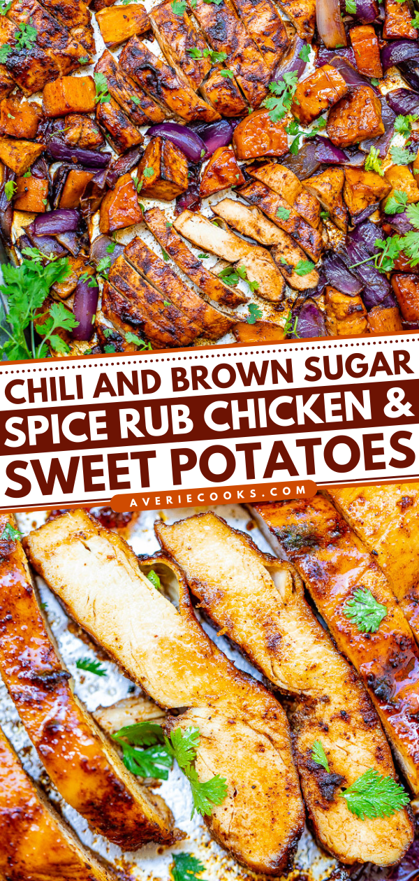 Spiced Brown Sugar Chicken and Sweet Potatoes — An EASY sheet pan meal that's ready in 30 minutes and loaded with layers of flavors from the spice rub, which features a mixture of chili powder, brown sugar, cumin, and more!!