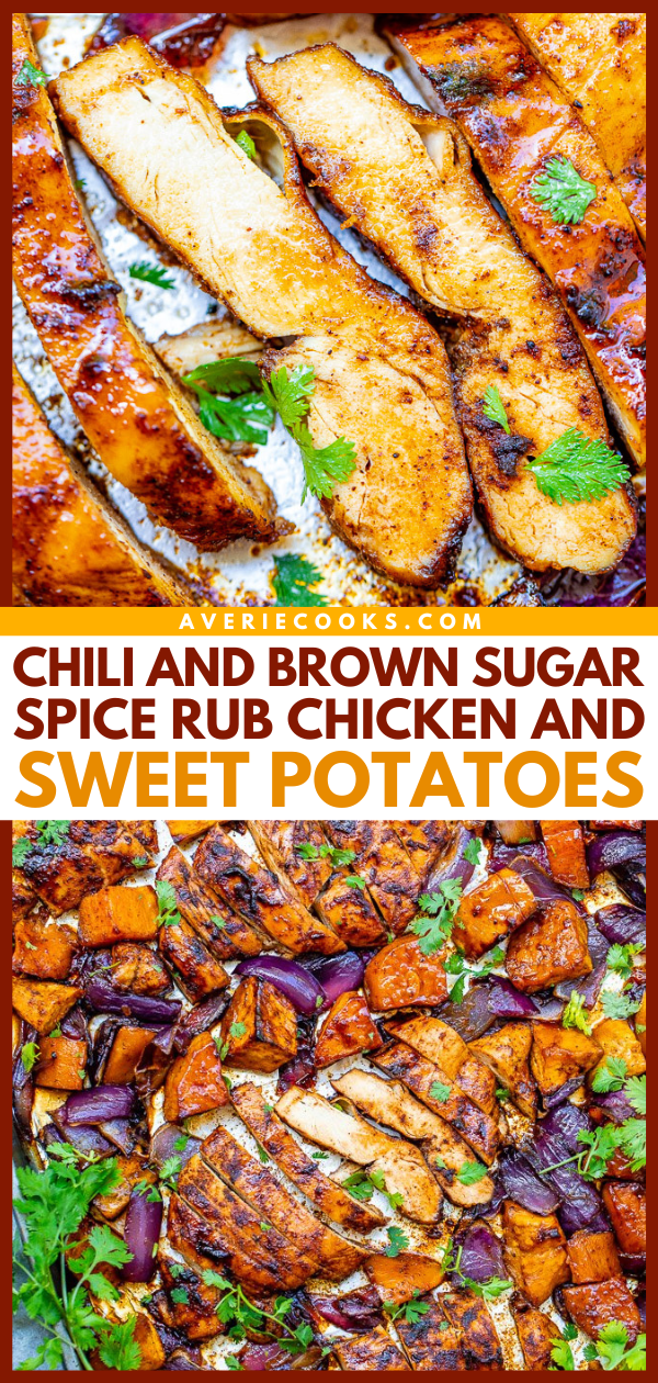 Spiced Brown Sugar Chicken and Sweet Potatoes — An EASY sheet pan meal that's ready in 30 minutes and loaded with layers of flavors from the spice rub, which features a mixture of chili powder, brown sugar, cumin, and more!!