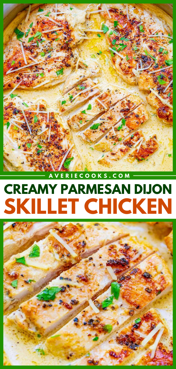 Creamy Dijon Chicken Skillet —Tender, juicy chicken bathed in a divine cream sauce made with garlic, cream, Dijon mustard, and a splash of wine for extra flavor!! This restaurant-quality EASY stovetop chicken is ready in 20 minutes and will be a family FAVORITE! 