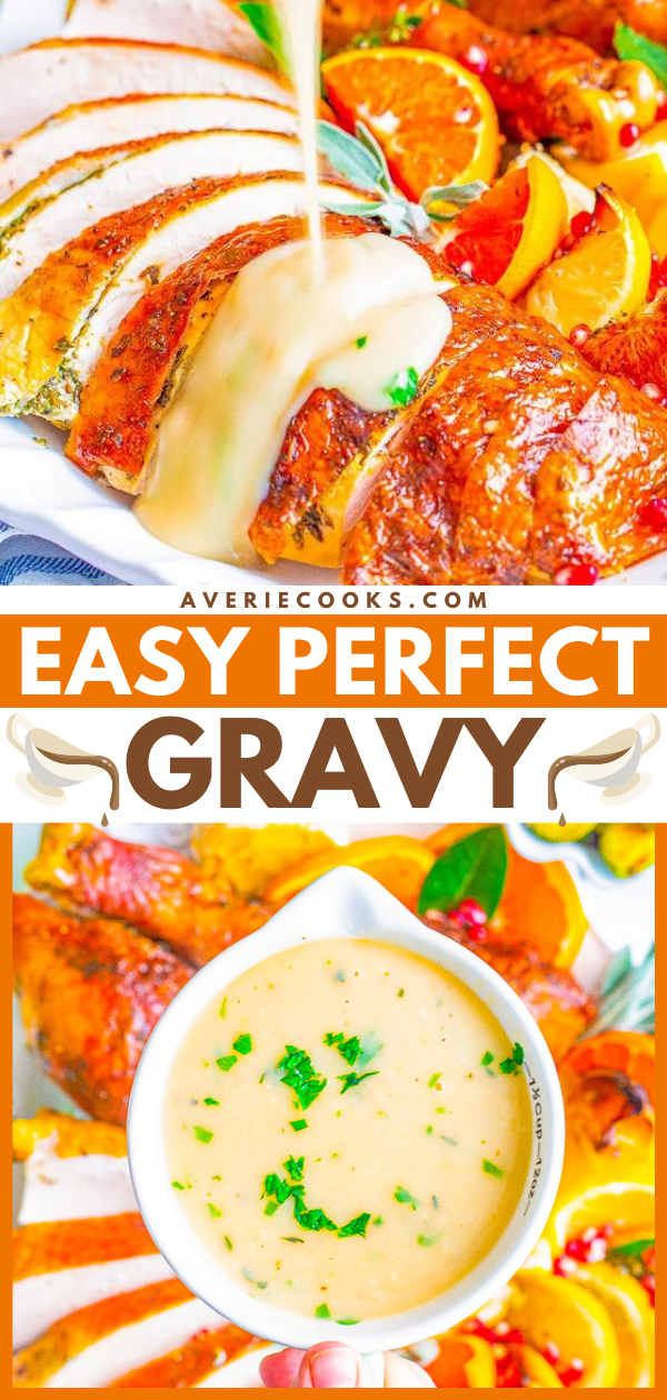 Easy Homemade Gravy — An EASY, foolproof recipe with lots of TIPS for PERFECT gravy that's ready in 5 minutes!! The whole family will LOVE this gravy over their Thanksgiving turkey, mashed potatoes, or as a comfort food addition to your dinner table during other times of the year!!