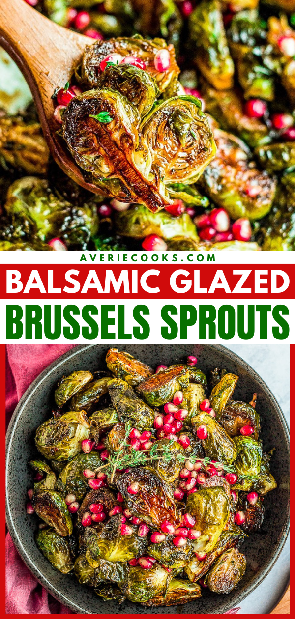 Balsamic Glazed Brussels Sprouts with Pomegranate Seeds — An easy side dish that's perfect for not only the holidays but anytime you're in the mood for CRISPY roasted Brussels sprouts!! The homemade balsamic glaze seeps into every inch of the spouts and adds so much tangy-sweet flavor!! 
