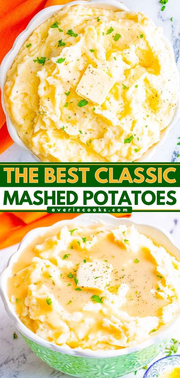 The BEST Mashed Potatoes — Buttery, creamy, PERFECT mashed potatoes that rival your favorite restaurant's version but EASY and ready in 45 minutes!! The quintessential holiday side dish for Thanksgiving, Christmas, or a great family-friendly weeknight comfort food side dish!!