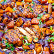 Chili and Brown Sugar Spice Rub Chicken and Sweet Potatoes - An EASY sheet pan meal that's ready in 30 minutes and loaded with layers of flavors from the spice rub - a mixture of chili powder, brown sugar, cumin, and more!!