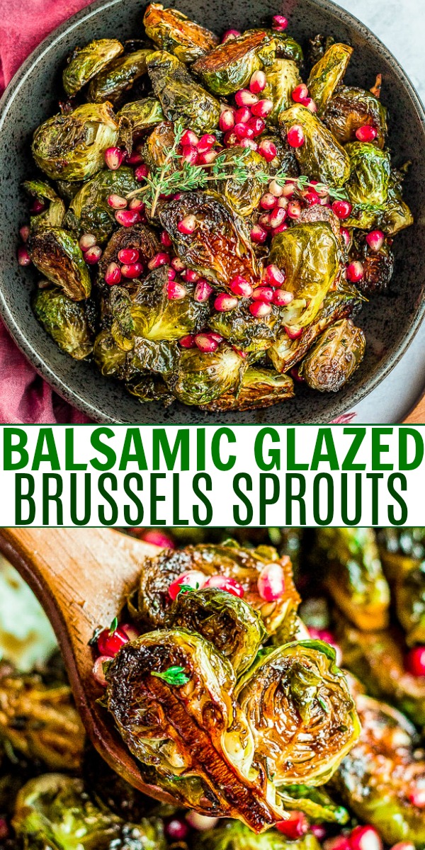 Roasted brussels sprouts with balsamic glaze and pomegranate seeds.