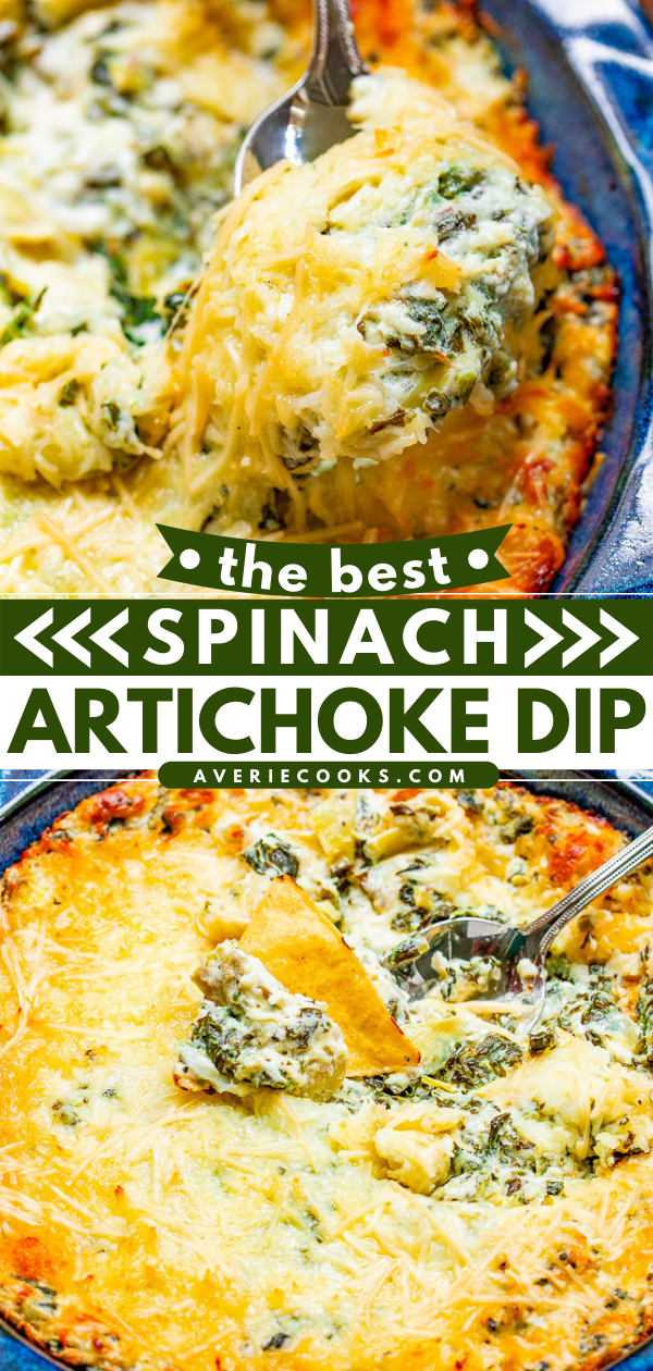 The BEST Spinach Artichoke Dip — This baked spinach artichoke dip is rich, creamy, and it's a crowd FAVORITE sure to disappear at parties!! It's so cheesy thanks to both mozzarella and Parmesan cheeses! It's just THE BEST!!