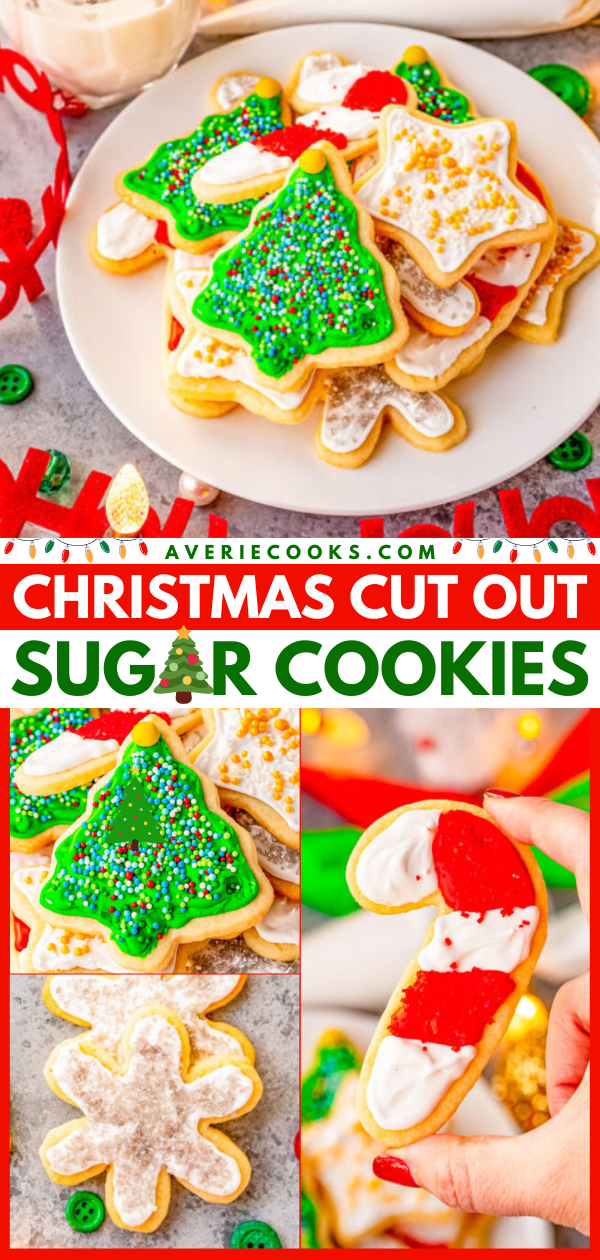 Christmas Cut Out Cookies — These traditional cut out sugar cookies are just like Grandma used to make!! They're thin but still soft, topped with a simple 2-ingredient royal icing, and loaded with sprinkles! So festive and perfect for cookie exchanges or hostess gifts!!