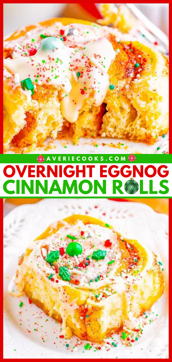 Overnight Eggnog Cinnamon Rolls — The SOFTEST and FLUFFIEST cinnamon rolls with an overnight MAKE-AHEAD option and eggnog frosting adds the perfect touch!! These would be a great make ahead Christmas breakfast option! 
