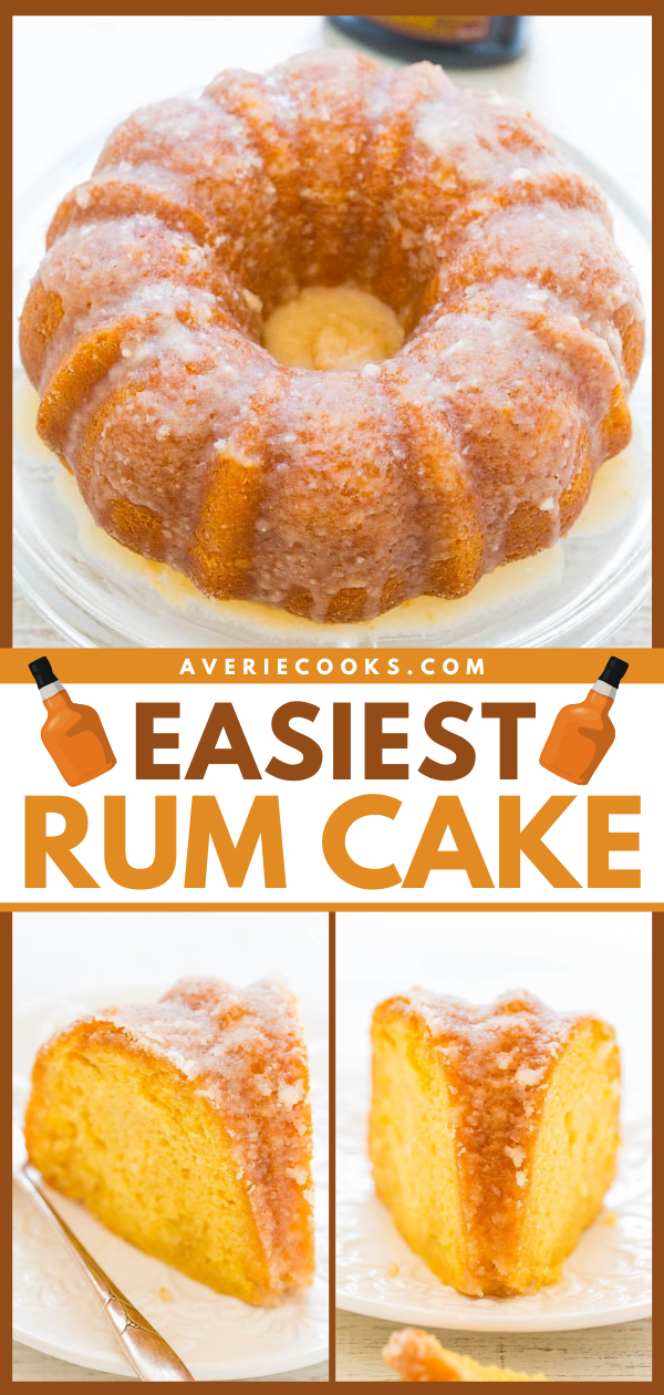 A rum cake displayed whole and in slices, described as the easiest recipe.