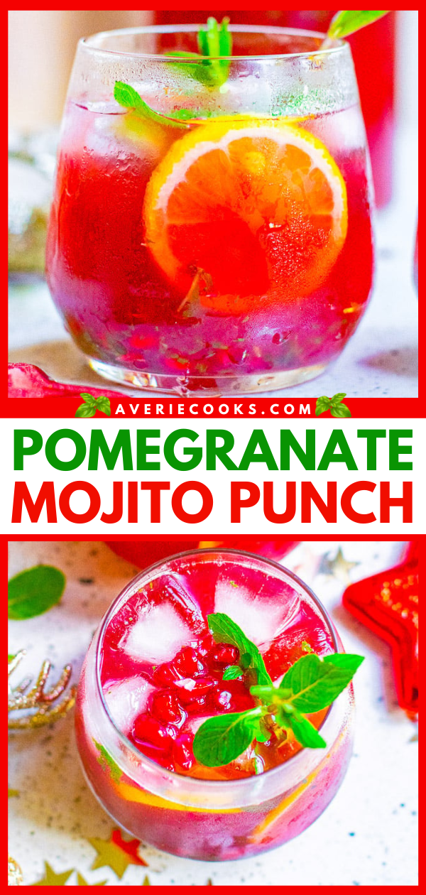 Winter Pomegranate Punch — A FESTIVE twist on a classic mojito complete with pomegranate juice and pom arils while retaining plenty of fresh mint and of course the rum!! Fast, easy, SO TASTY, and perfect for holiday entertaining!! 