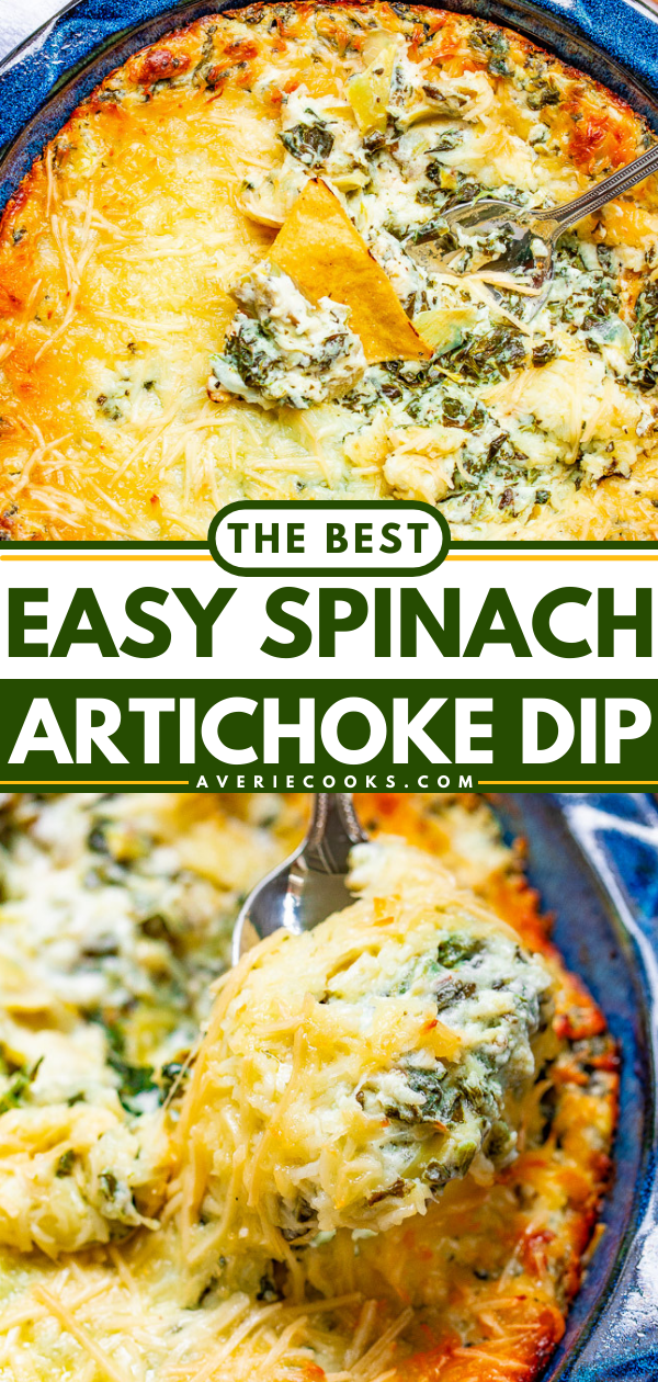 The BEST Spinach Artichoke Dip — This baked spinach artichoke dip is rich, creamy, and it's a crowd FAVORITE sure to disappear at parties!! It's so cheesy thanks to both mozzarella and Parmesan cheeses! It's just THE BEST!!