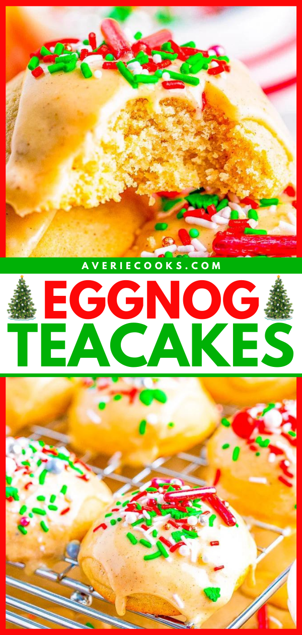 Glazed Eggnog Cookies — Soft, buttery tea cakes topped with a creamy eggnog glaze are a Christmas treat that everyone will love!! EASY to make, not at all dry, and great for cookie exchanges or hostess gifts!!