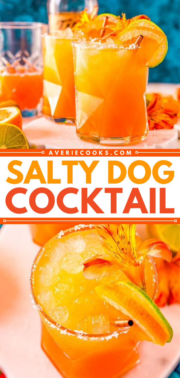 Salty Dog Cocktail — A cousin to a greyhound, this bright, refreshing drink is made with vodka (or gin), grapefruit juice, and a sea-salted rim!! Easy to make a pitcher of it or make in advance if you're entertaining!!