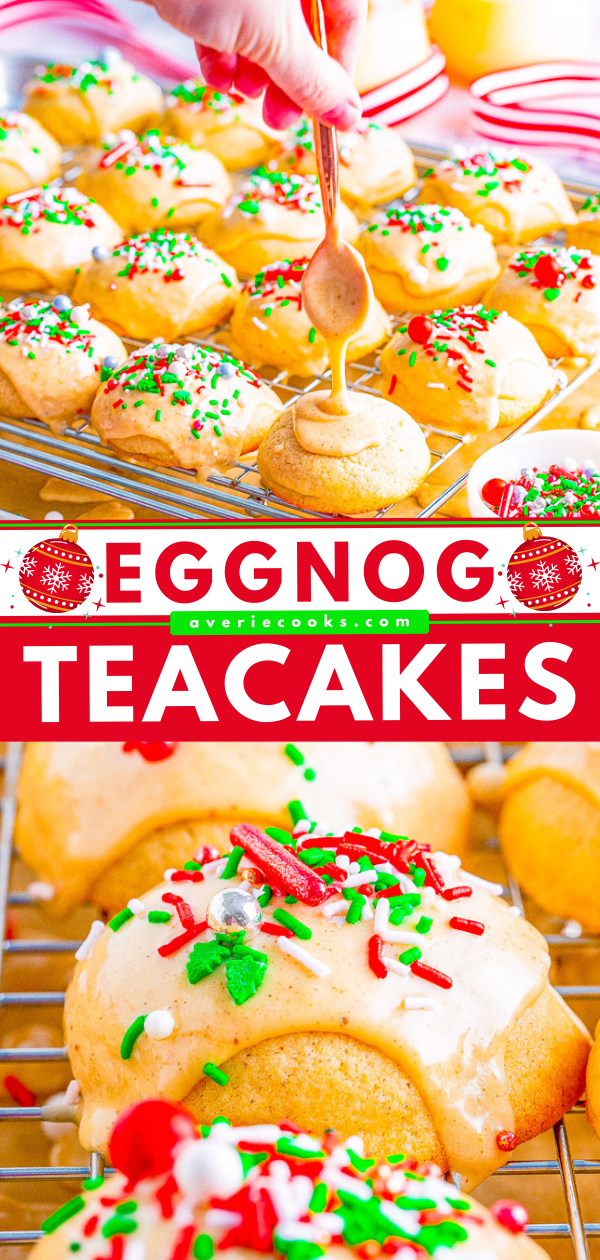 Glazed Eggnog Cookies — Soft, buttery tea cakes topped with a creamy eggnog glaze are a Christmas treat that everyone will love!! EASY to make, not at all dry, and great for cookie exchanges or hostess gifts!!