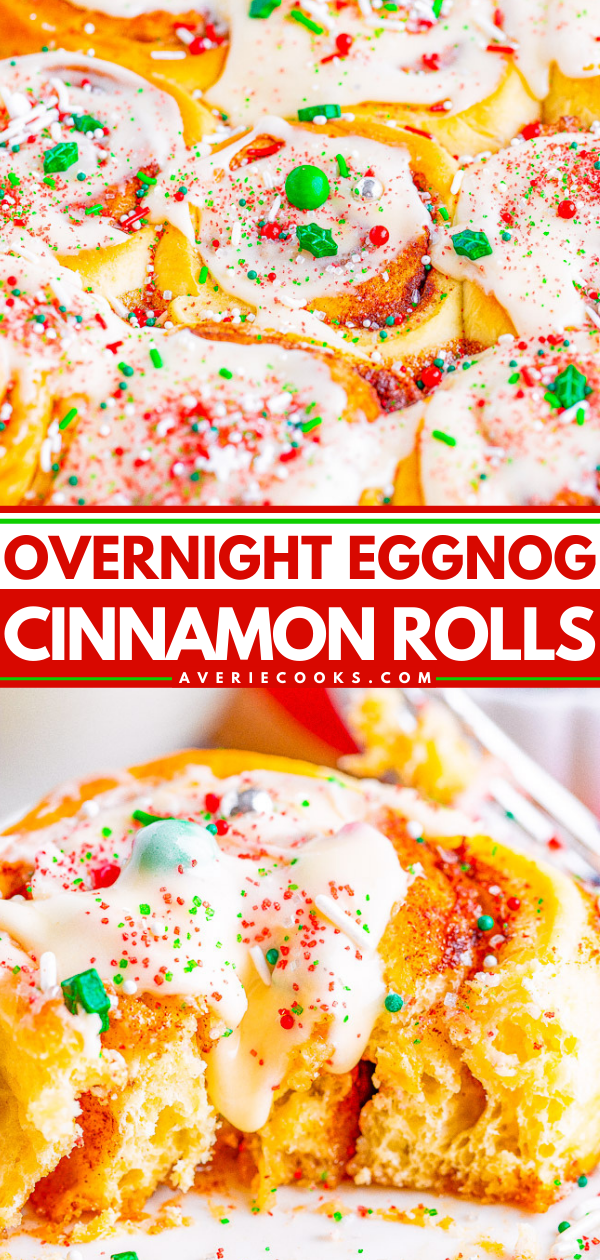 Overnight Eggnog Cinnamon Rolls - The SOFTEST and FLUFFIEST cinnamon rolls with an overnight MAKE-AHEAD option and eggnog frosting adds the perfect touch!! If you like Cinnabon rolls, you'll LOVE THESE!! 