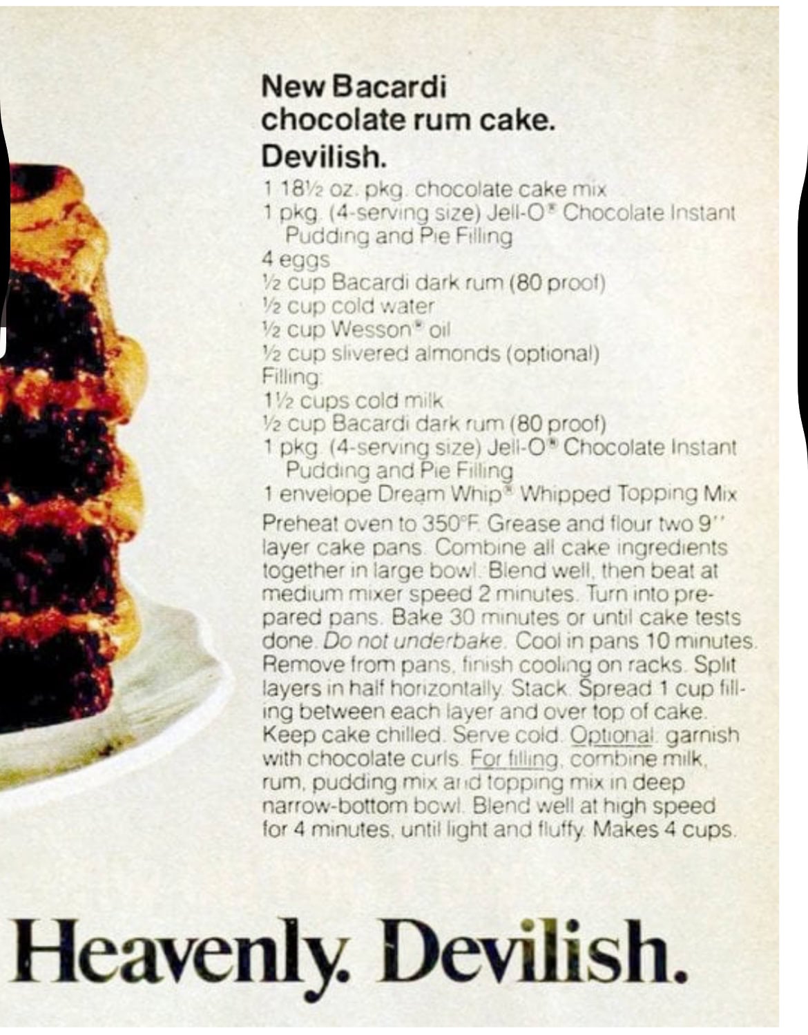 Close-up of a recipe page for “New Bacardi chocolate rum cake,” listing ingredients, preparation instructions, and a partial view of the finished cake on the left. Text is clear and legible.