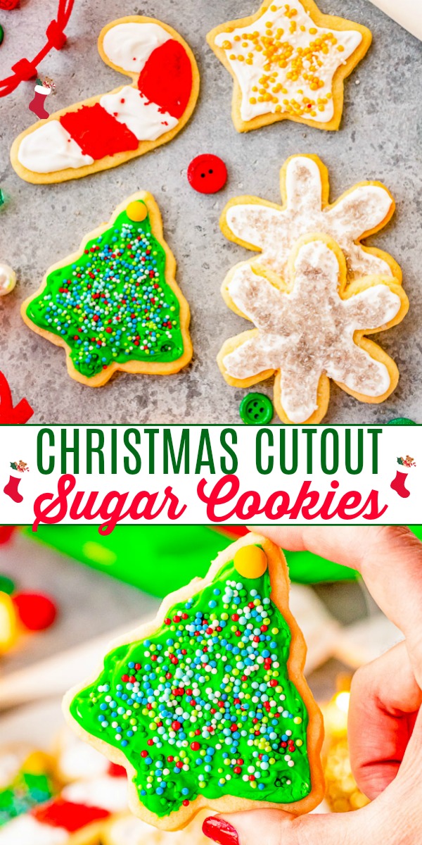 Christmas Cut Out Cookies — These traditional cut out sugar cookies are just like Grandma used to make!! They're thin but still soft, topped with a simple 2-ingredient royal icing, and loaded with sprinkles! So festive and perfect for cookies exchanges or hostess gifts!!