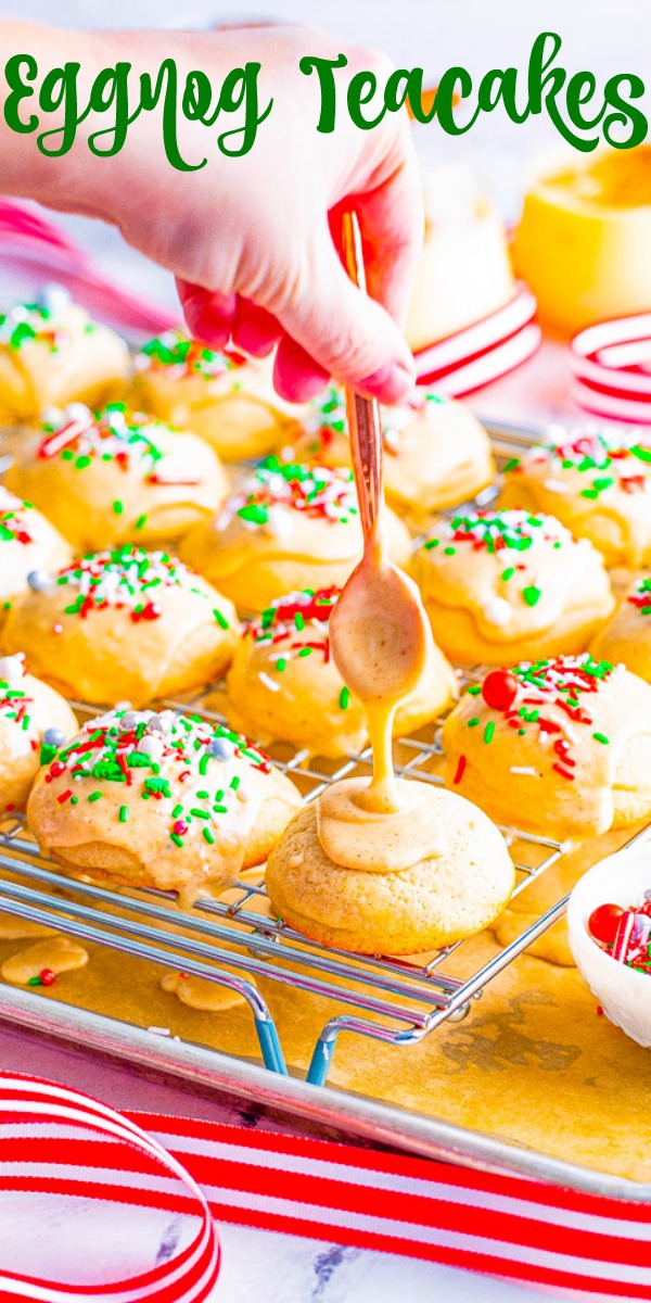 Eggnog Cookies — Soft, buttery tea cakes topped with a creamy eggnog glaze are a Christmas treat that everyone will love!! EASY to make, not at all dry, and great for cookie exchanges or hostess gifts!!