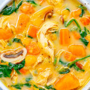 Creamy Sweet Potato Chicken Soup - An EASY comfort food chicken soup recipe with sweet potatoes and more to keep you full and satisfied for hours!! Ready in 30 minutes with a flexible ingredients list based on what you have on hand!!