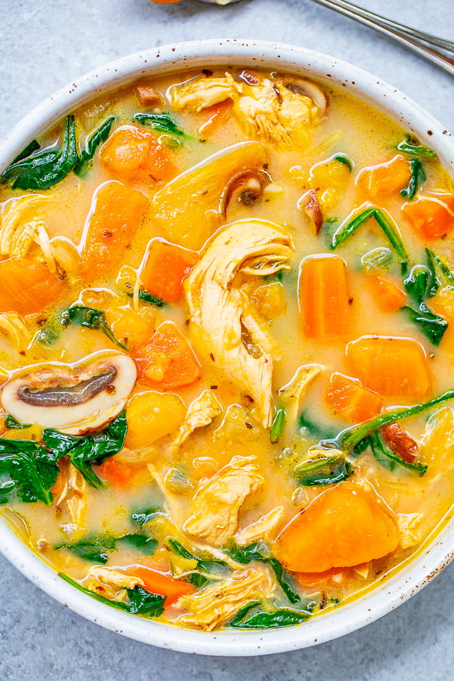 Creamy Sweet Potato Chicken Soup - An EASY comfort food chicken soup recipe with sweet potatoes and more to keep you full and satisfied for hours!! Ready in 30 minutes with a flexible ingredients list based on what you have on hand!! - Chicken Vegetable Soup